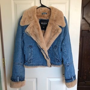 Hollister California Womens Medium Faux Fur-lined Denim Jean Biker-style Jacket